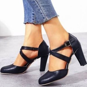 Ralph Lauren Navy Cross-Strap Heels